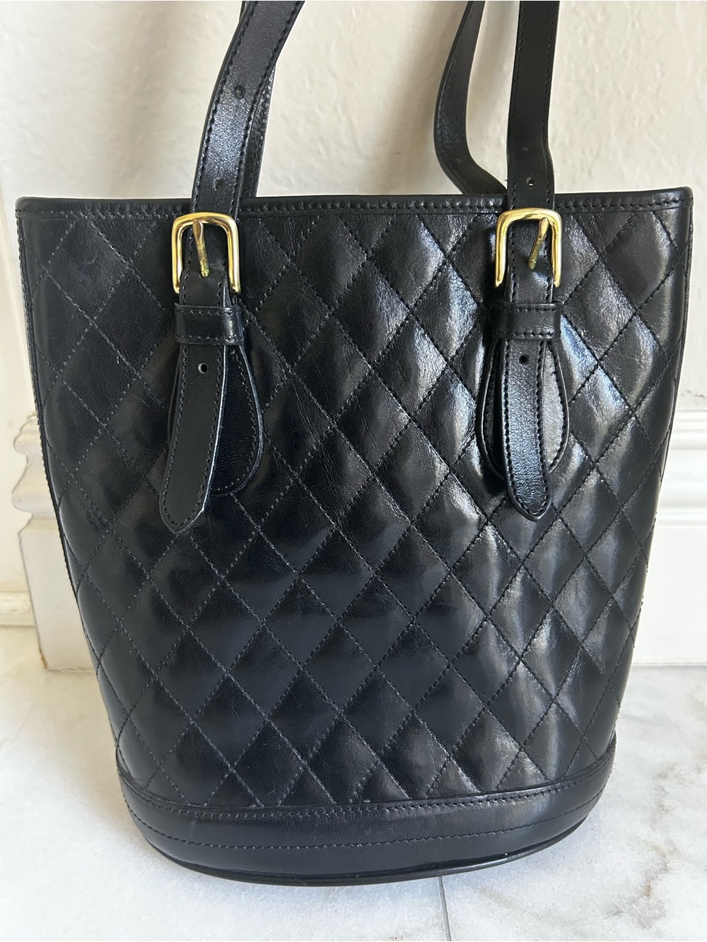 Brahmin Black Quilted Leather Bucket Shoulder Bag with Gold Hardware